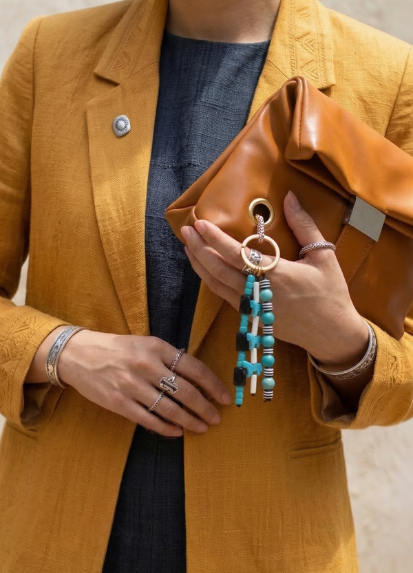 Person holding a brown leather bag with decorative keychain, wearing a mustard yellow blazer.