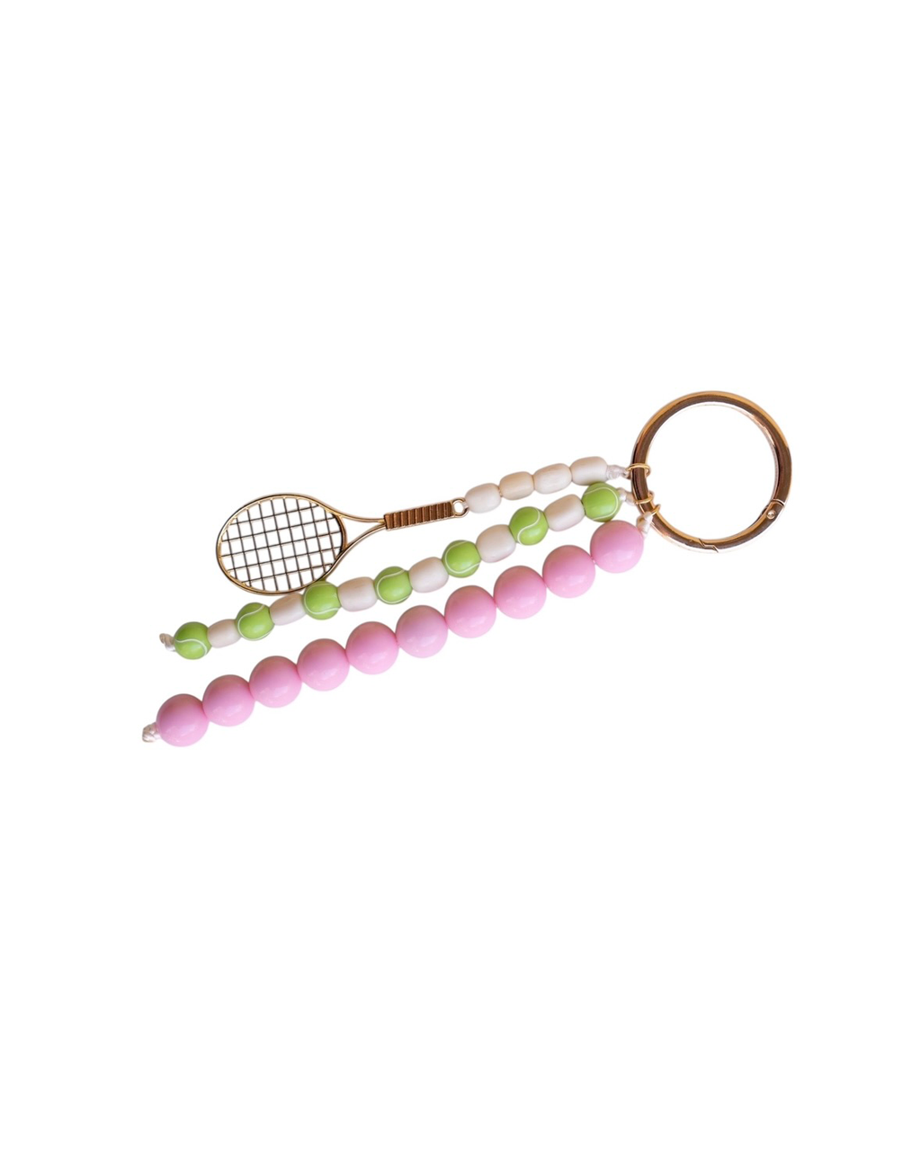 Keychain with tennis racket and beaded chain on a white background