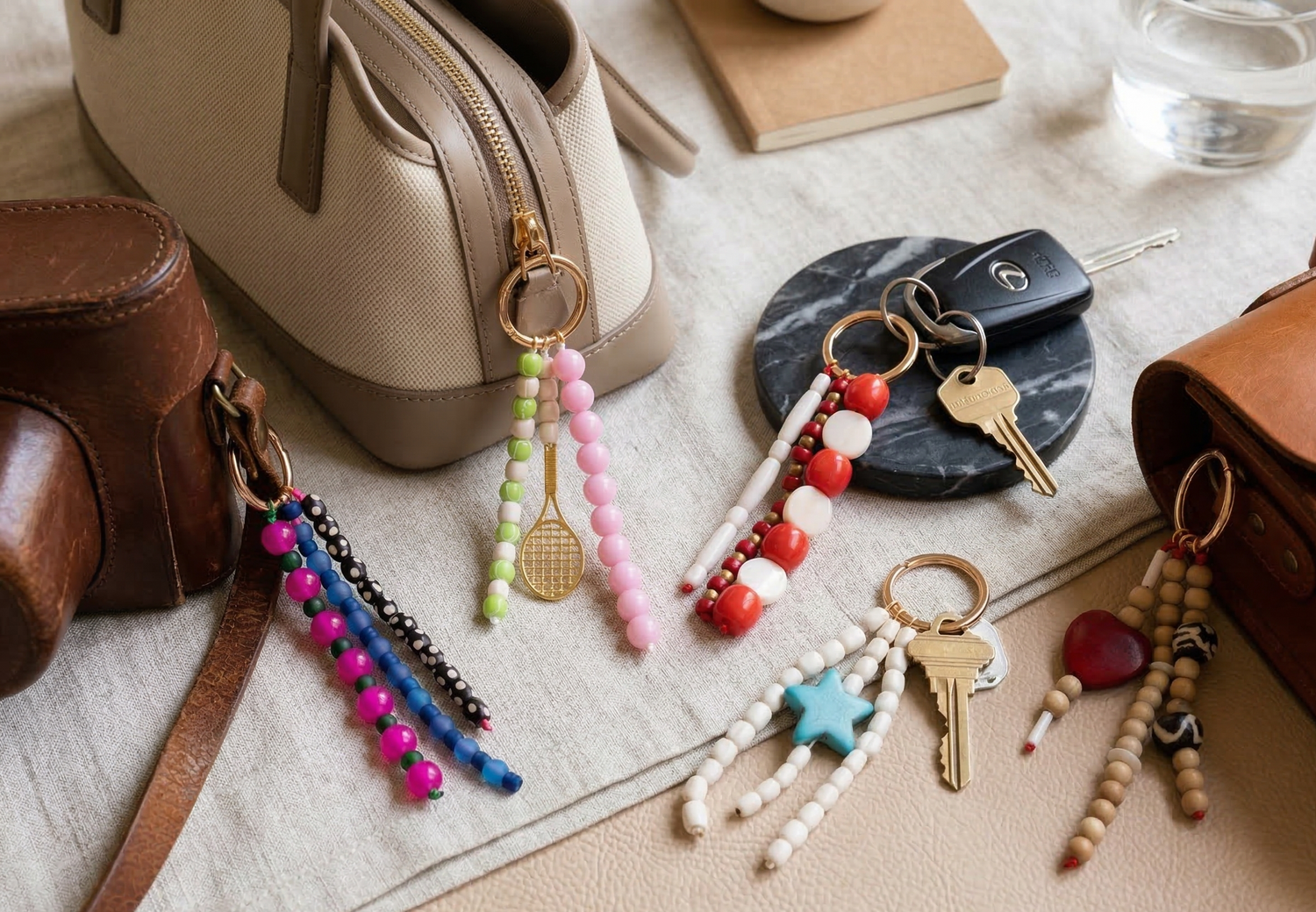 Colorful keychains with keys on a textured surface with bags and a water bottle in the background.