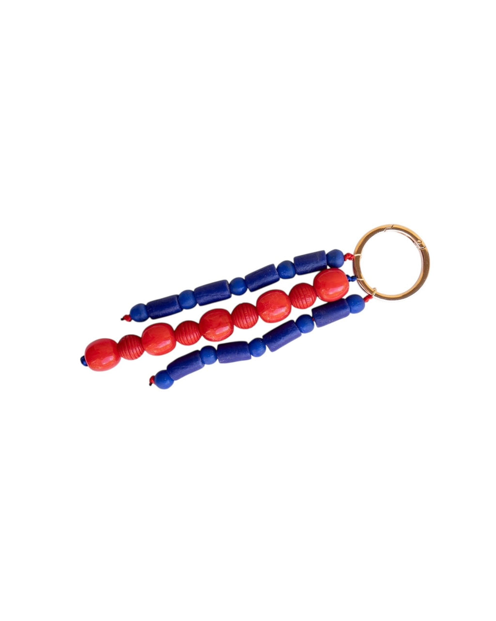 Beaded keychain with red and blue beads on a white background