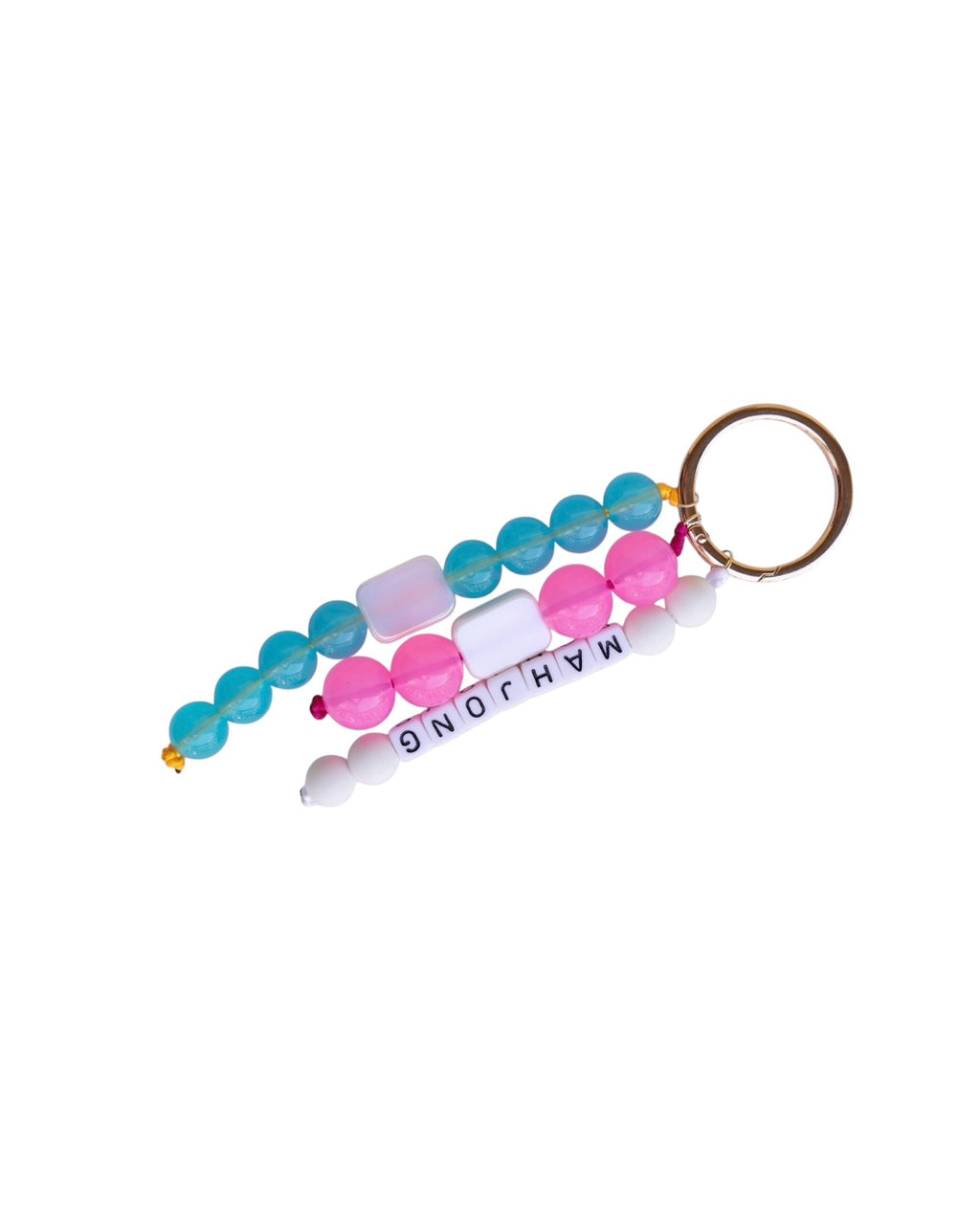 Colorful beaded keychain with a name tag on a white background